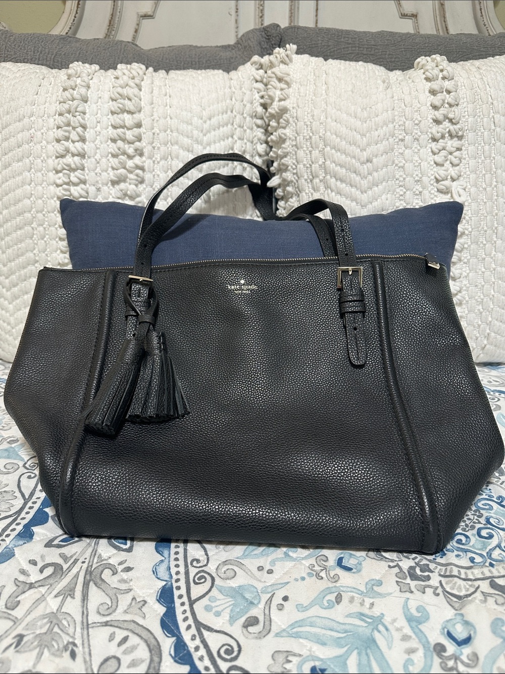 kate spade Black Pebbled Leather Tote with Tassel